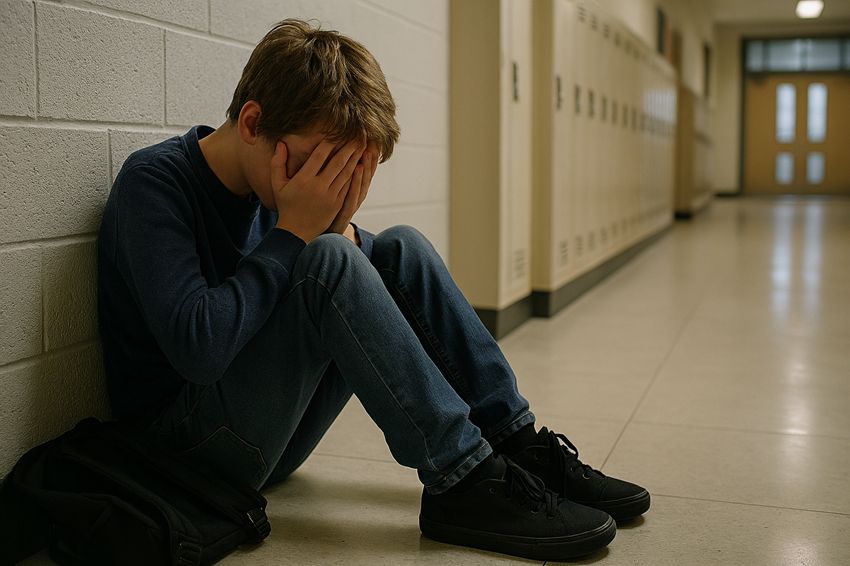 Student in distress in school corridor