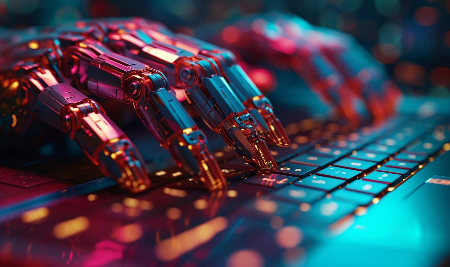 Des mains robotiques sur un clavier d'ordinateur